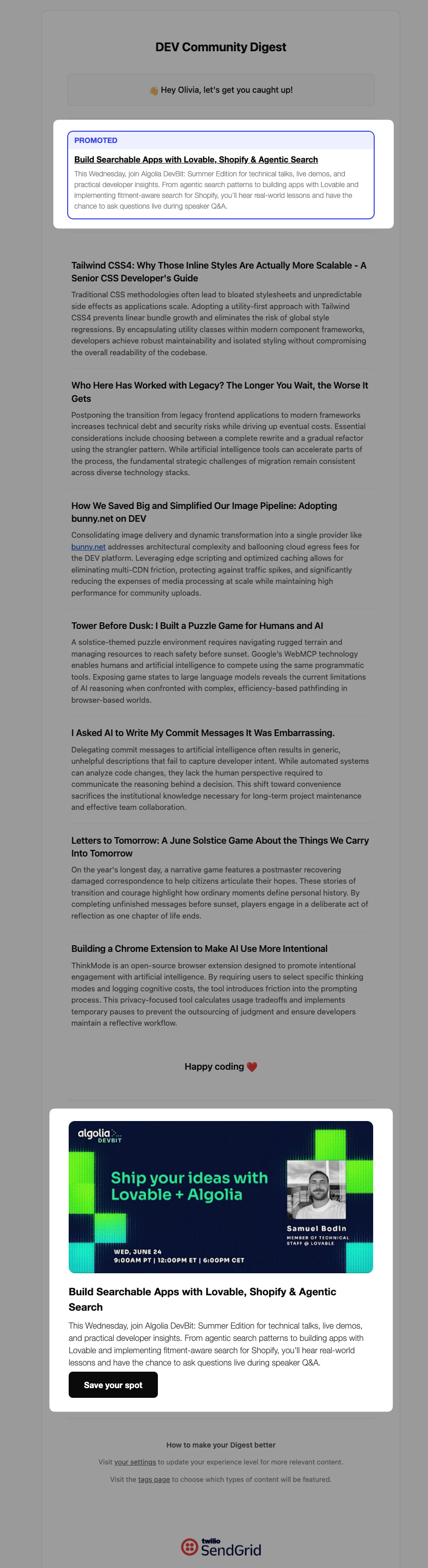 DEV - Community Digest Email example