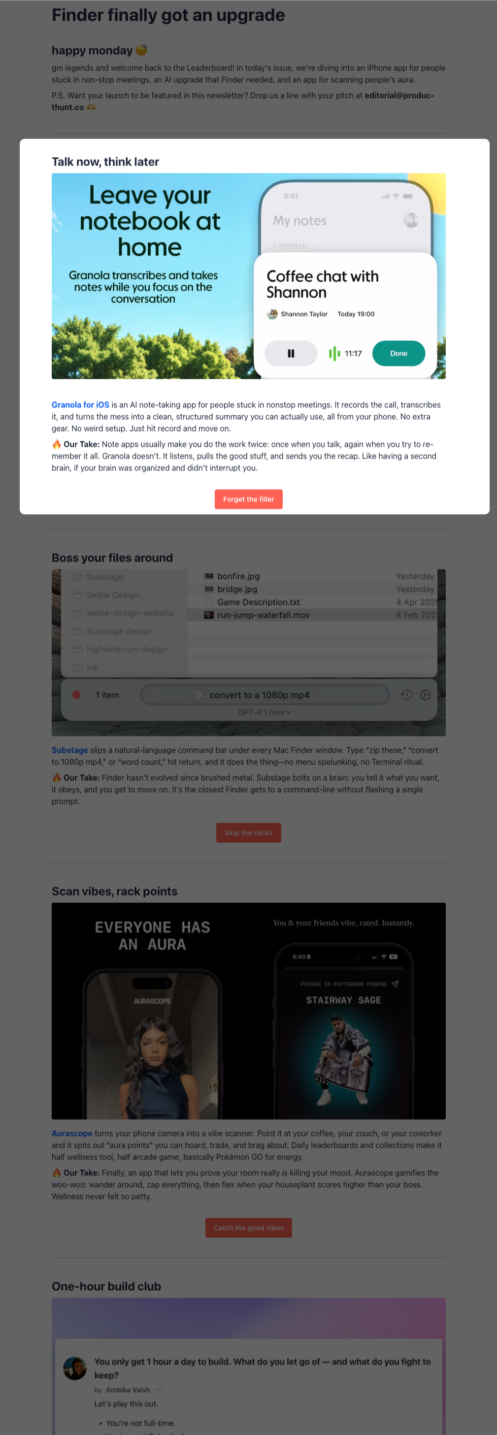 Product Hunt Newsletter example (Granola)