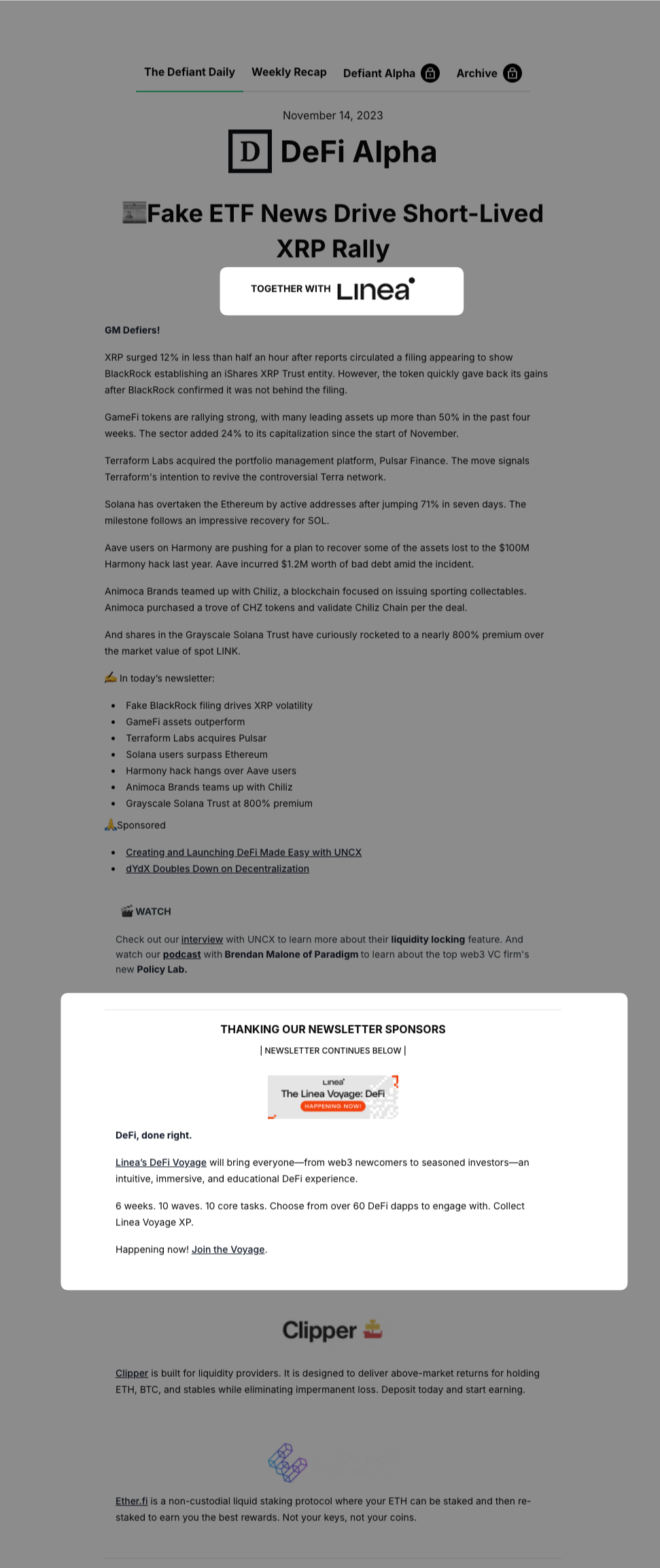 The DeFiant - Newsletter Article & Banner example